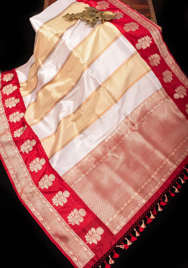 Unique Design White Dual tone Jharoka Pattern Pure Katan Silk saree with Contrast Zari borders | SILK MARK CERTIFIED