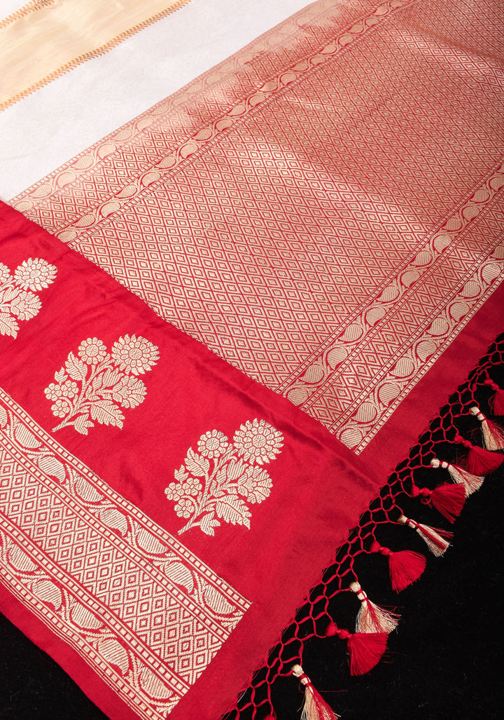Unique Design White Dual tone Jharoka Pattern Pure Katan Silk saree with Contrast Zari borders | SILK MARK CERTIFIED