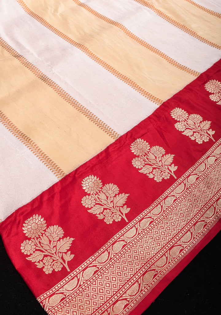 Unique Design White Dual tone Jharoka Pattern Pure Katan Silk saree with Contrast Zari borders | SILK MARK CERTIFIED
