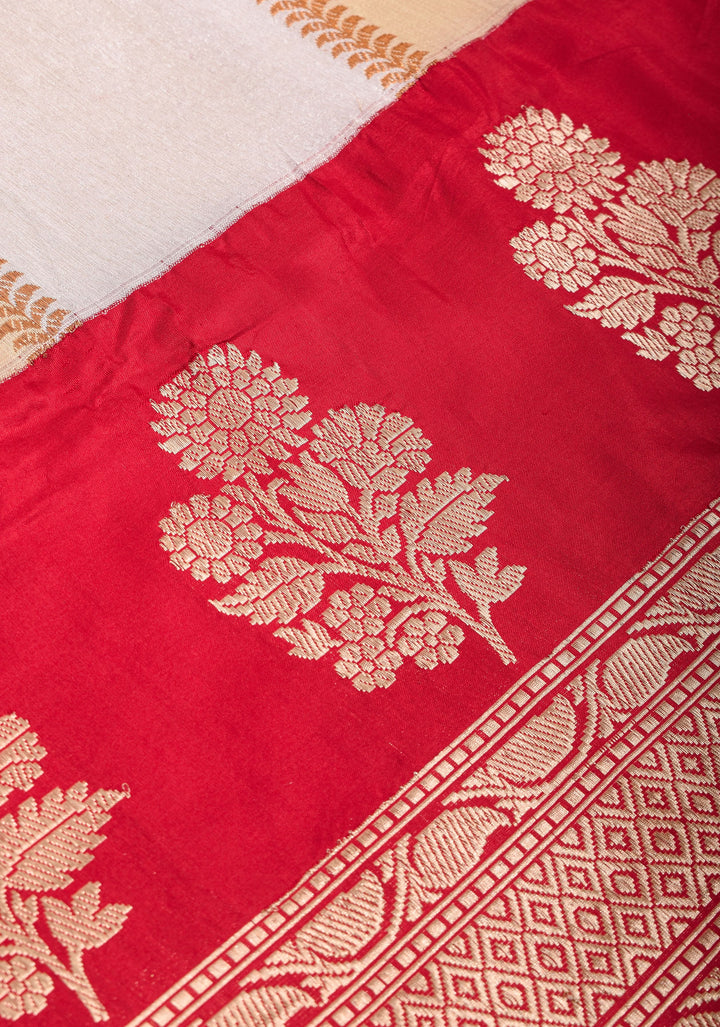 Unique Design White Dual tone Jharoka Pattern Pure Katan Silk saree with Contrast Zari borders | SILK MARK CERTIFIED
