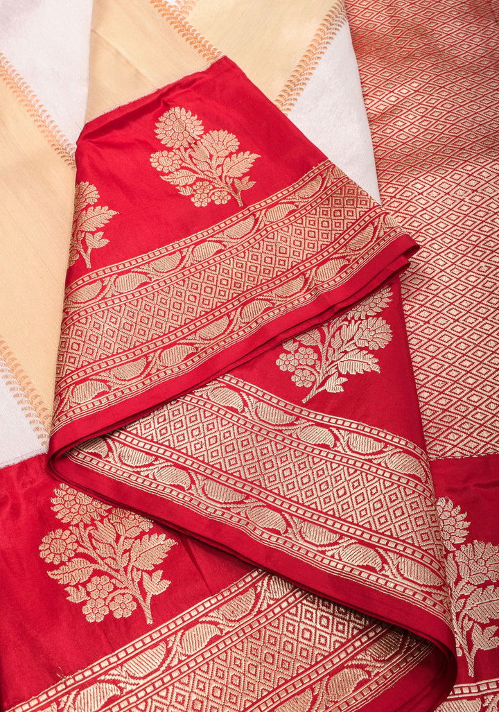 Unique Design White Dual tone Jharoka Pattern Pure Katan Silk saree with Contrast Zari borders | SILK MARK CERTIFIED