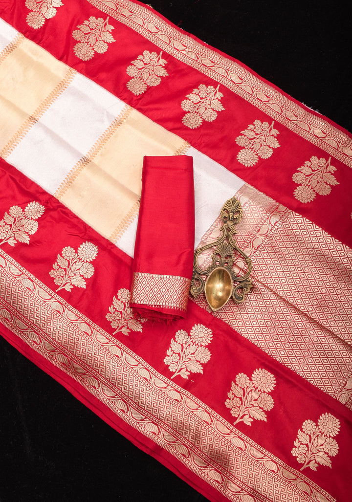 Unique Design White Dual tone Jharoka Pattern Pure Katan Silk saree with Contrast Zari borders | SILK MARK CERTIFIED