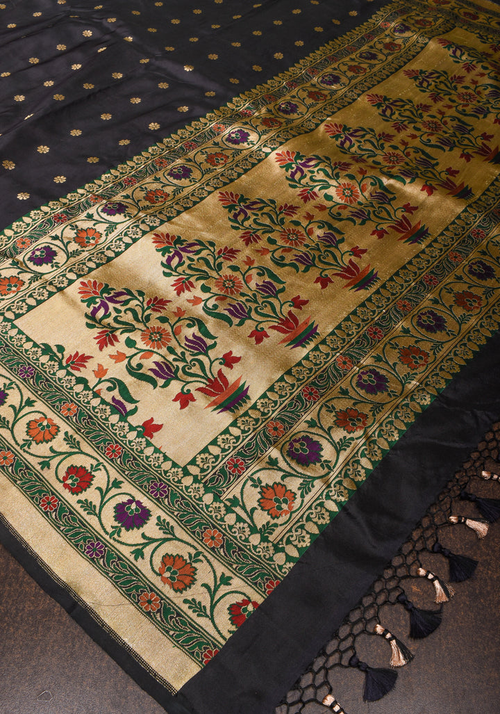 Black Pure Banarasi Katan Silk Saree with Chunri Butti & Paithani Style Borders | SILK MARK CERTIFIED