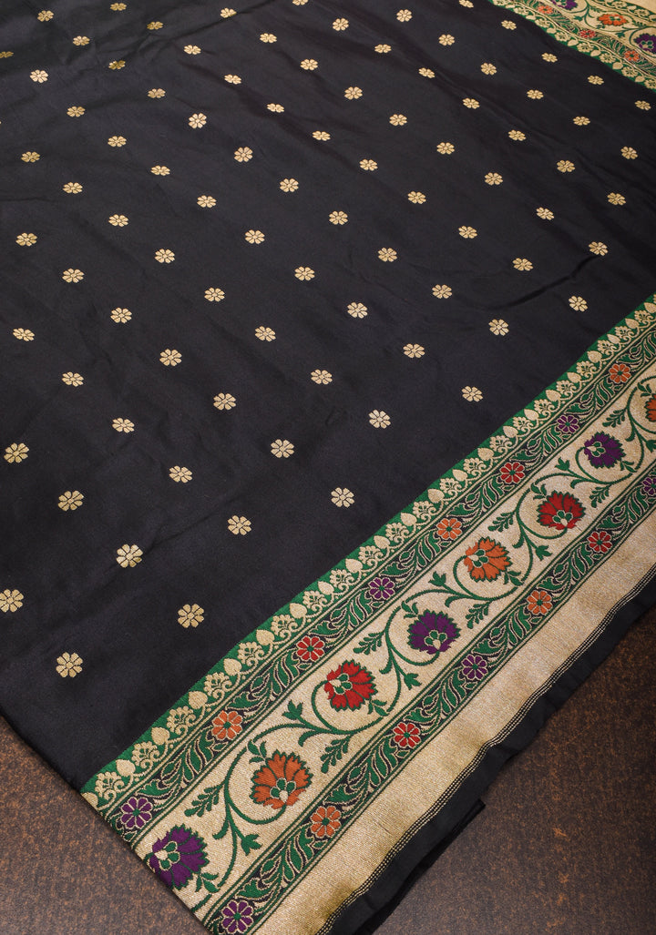 Black Pure Banarasi Katan Silk Saree with Chunri Butti & Paithani Style Borders | SILK MARK CERTIFIED