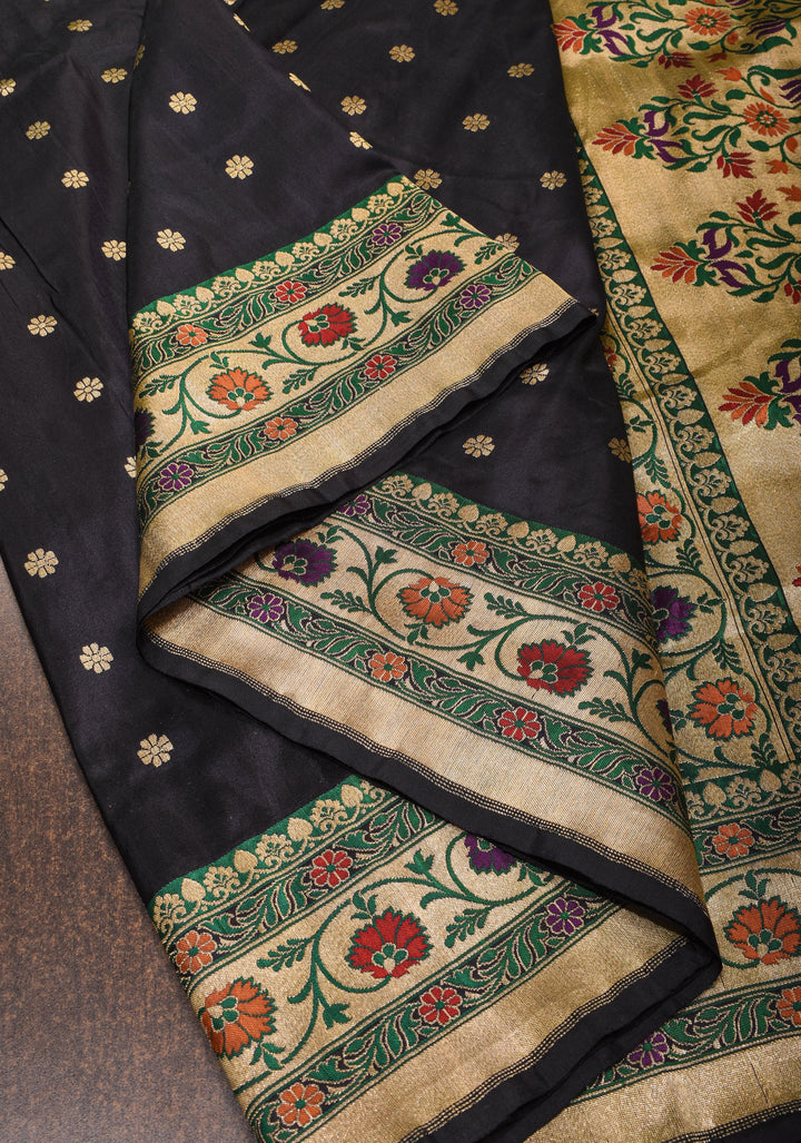 Black Pure Banarasi Katan Silk Saree with Chunri Butti & Paithani Style Borders | SILK MARK CERTIFIED