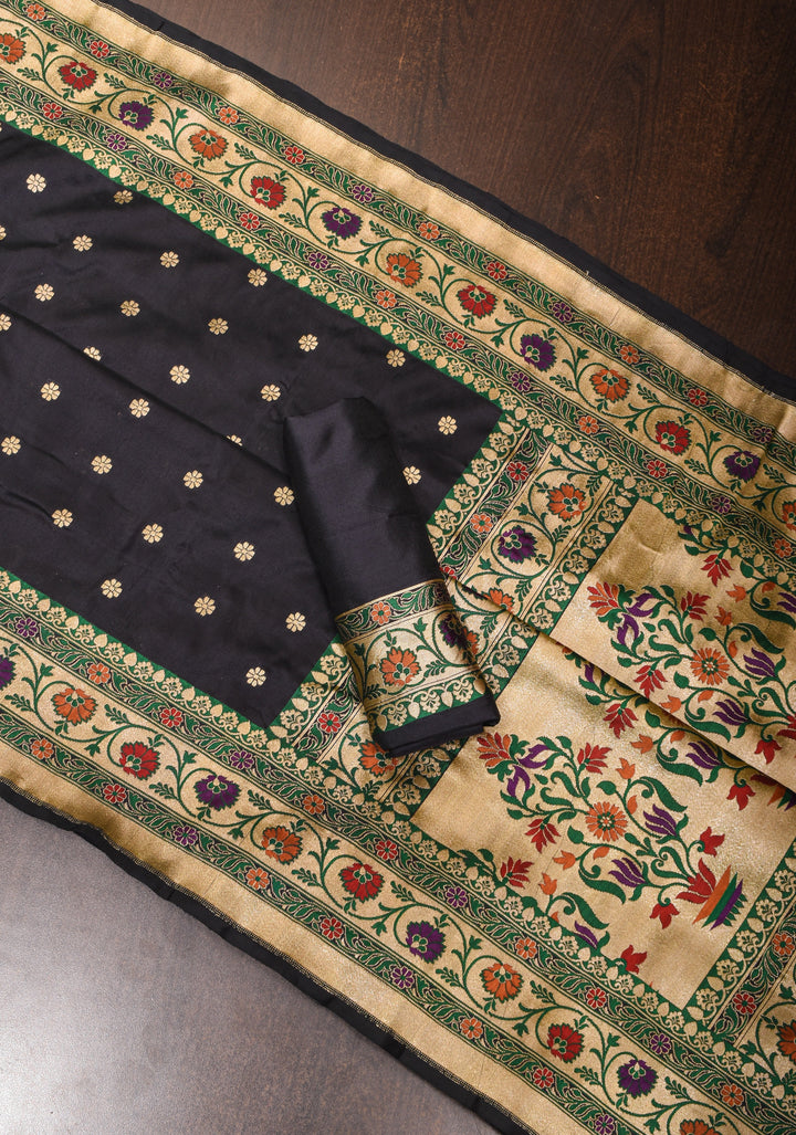 Black Pure Banarasi Katan Silk Saree with Chunri Butti & Paithani Style Borders | SILK MARK CERTIFIED