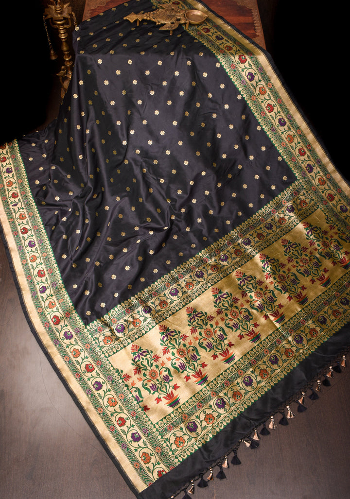 Black Pure Banarasi Katan Silk Saree with Chunri Butti & Paithani Style Borders | SILK MARK CERTIFIED