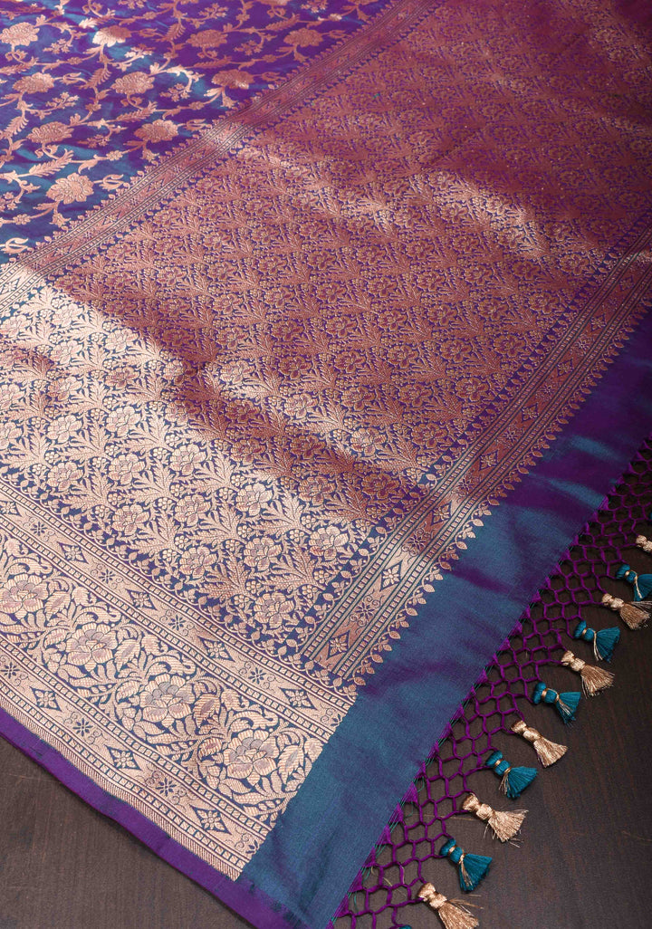 Blue Purple Pure Banarasi Katan Silk Saree with Floral Jaal and Zari Border| SILK MARK CERTIFIED