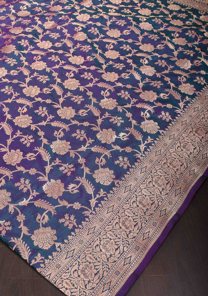 Blue Purple Pure Banarasi Katan Silk Saree with Floral Jaal and Zari Border| SILK MARK CERTIFIED