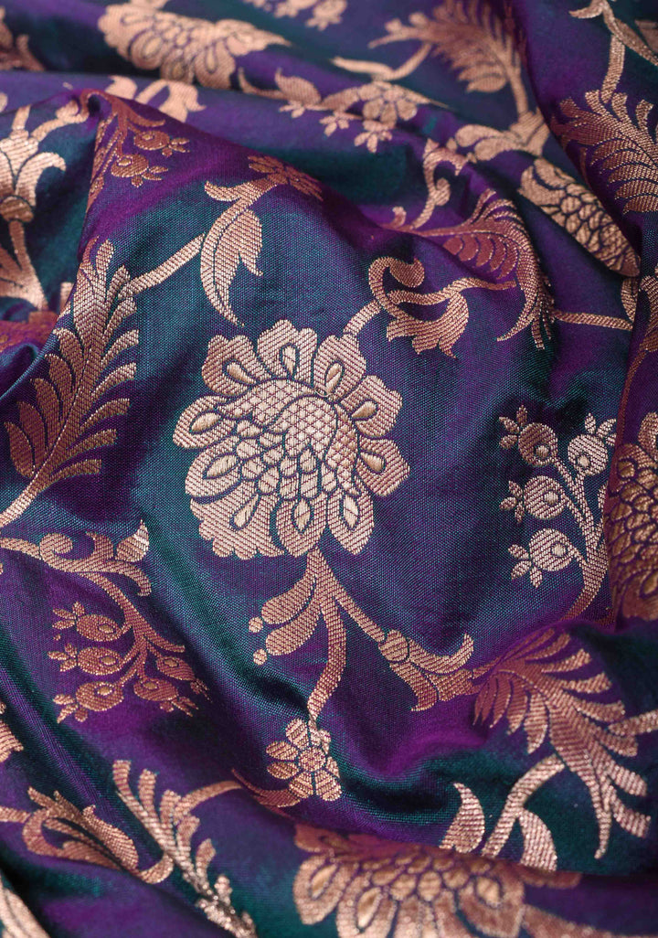 Blue Purple Pure Banarasi Katan Silk Saree with Floral Jaal and Zari Border| SILK MARK CERTIFIED