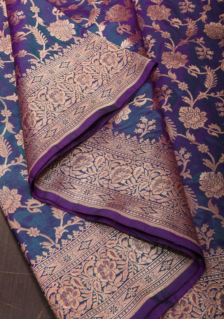 Blue Purple Pure Banarasi Katan Silk Saree with Floral Jaal and Zari Border| SILK MARK CERTIFIED