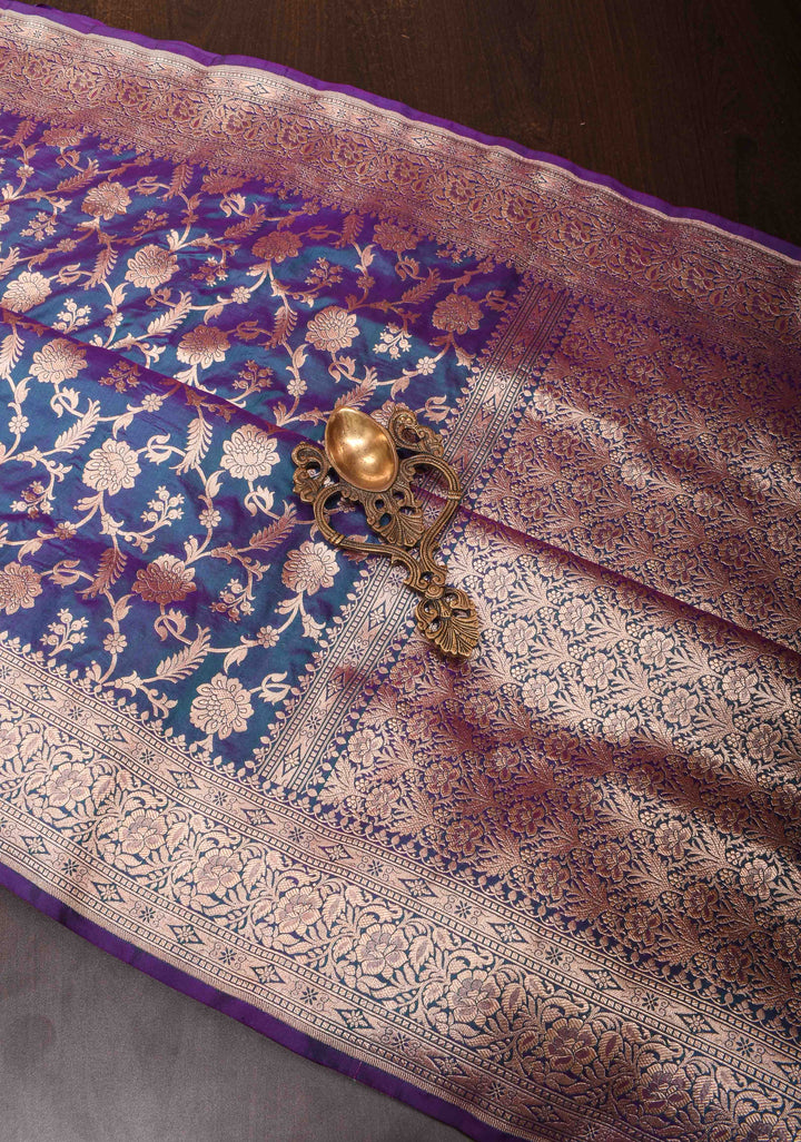 Blue Purple Pure Banarasi Katan Silk Saree with Floral Jaal and Zari Border| SILK MARK CERTIFIED