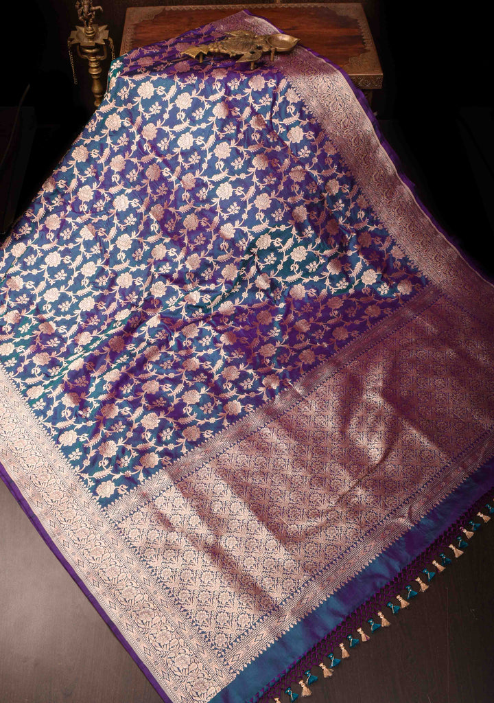 Blue Purple Pure Banarasi Katan Silk Saree with Floral Jaal and Zari Border| SILK MARK CERTIFIED