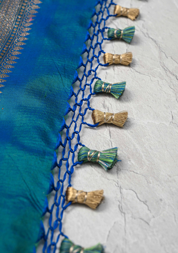 Peacock Blue and Green Dual Tone Pure Banarasi Katan Silk Saree with Alfi Floral and Mandala Motifs  | SILK MARK CERTIFIED