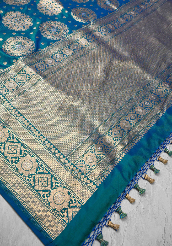 Peacock Blue and Green Dual Tone Pure Banarasi Katan Silk Saree with Alfi Floral and Mandala Motifs  | SILK MARK CERTIFIED