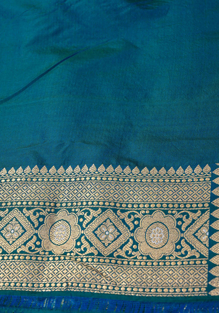 Peacock Blue and Green Dual Tone Pure Banarasi Katan Silk Saree with Alfi Floral and Mandala Motifs  | SILK MARK CERTIFIED