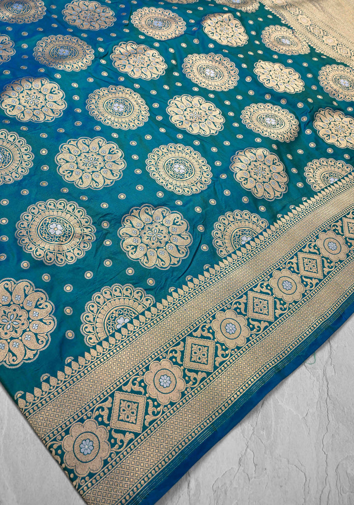 Peacock Blue and Green Dual Tone Pure Banarasi Katan Silk Saree with Alfi Floral and Mandala Motifs  | SILK MARK CERTIFIED