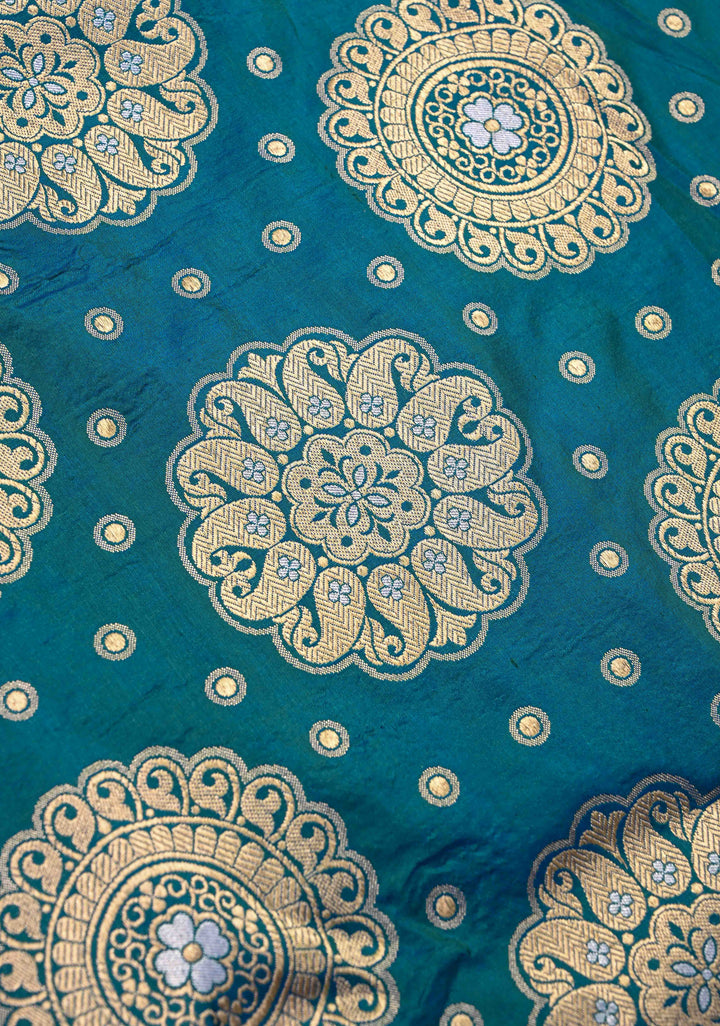 Peacock Blue and Green Dual Tone Pure Banarasi Katan Silk Saree with Alfi Floral and Mandala Motifs  | SILK MARK CERTIFIED
