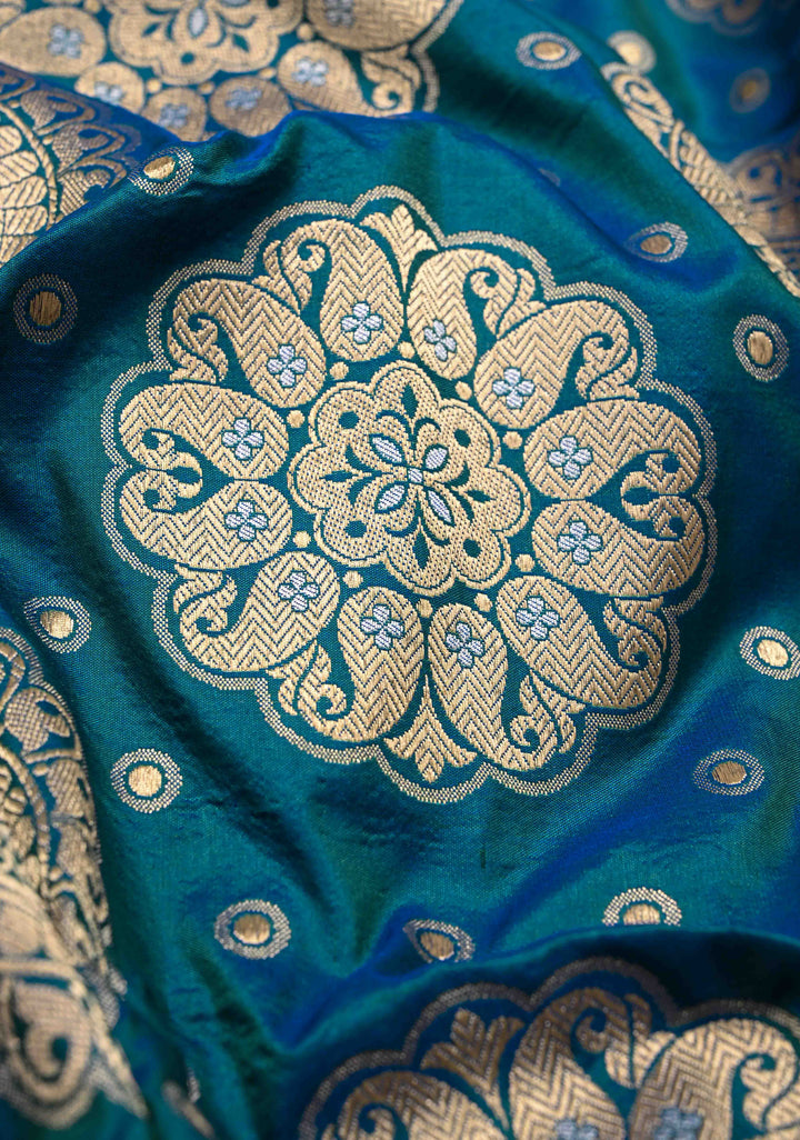 Peacock Blue and Green Dual Tone Pure Banarasi Katan Silk Saree with Alfi Floral and Mandala Motifs  | SILK MARK CERTIFIED