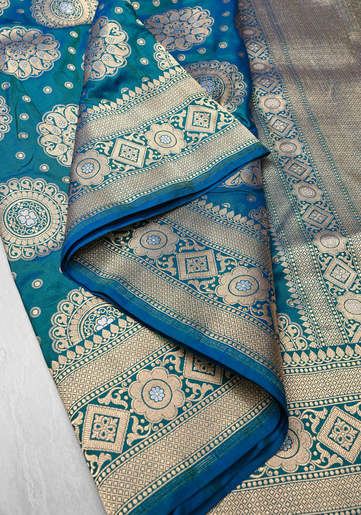 Peacock Blue and Green Dual Tone Pure Banarasi Katan Silk Saree with Alfi Floral and Mandala Motifs  | SILK MARK CERTIFIED