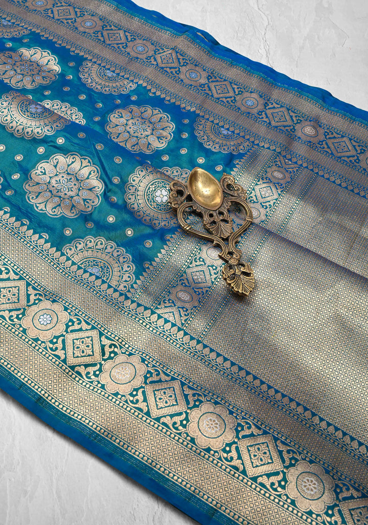 Peacock Blue and Green Dual Tone Pure Banarasi Katan Silk Saree with Alfi Floral and Mandala Motifs  | SILK MARK CERTIFIED