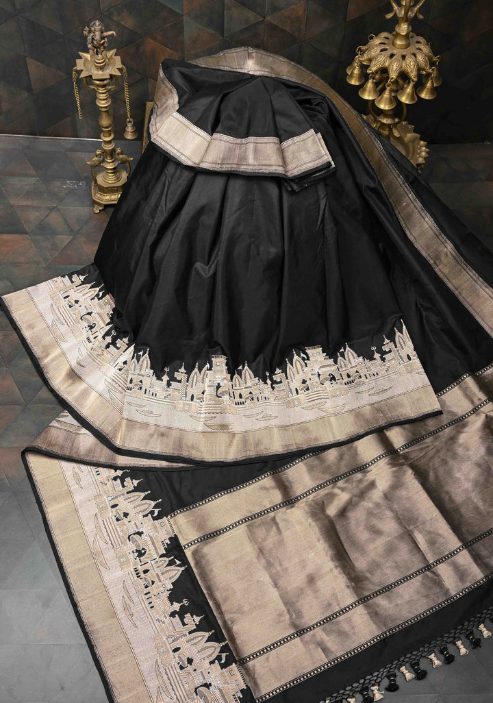 Black Banarasi Katan Silk Saree With Ganga Ghat Temple Zari Border | SILK MARK CERTIFIED