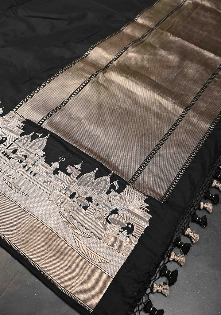 Black Banarasi Katan Silk Saree With Ganga Ghat Temple Zari Border | SILK MARK CERTIFIED
