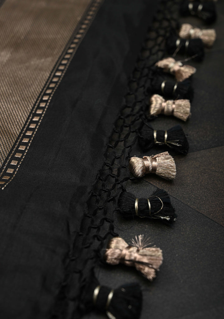 Black Banarasi Katan Silk Saree With Ganga Ghat Temple Zari Border | SILK MARK CERTIFIED