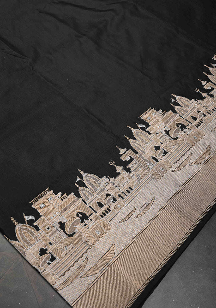 Black Banarasi Katan Silk Saree With Ganga Ghat Temple Zari Border | SILK MARK CERTIFIED