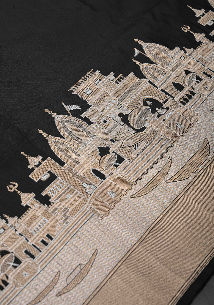 Black Banarasi Katan Silk Saree With Ganga Ghat Temple Zari Border | SILK MARK CERTIFIED