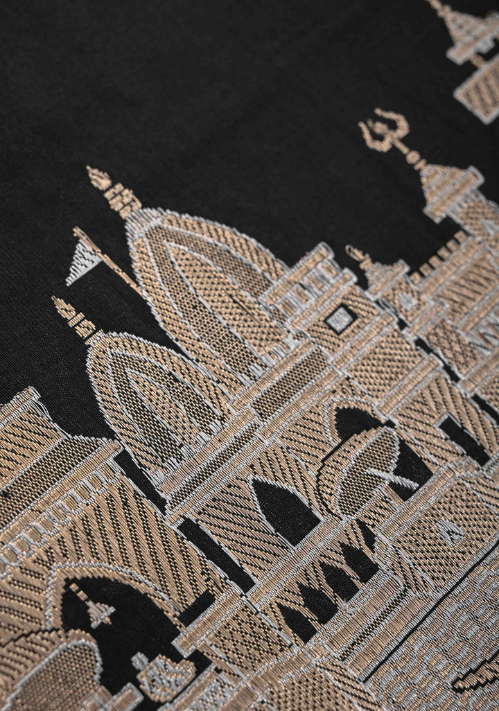 Black Banarasi Katan Silk Saree With Ganga Ghat Temple Zari Border | SILK MARK CERTIFIED