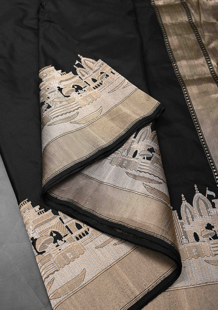 Black Banarasi Katan Silk Saree With Ganga Ghat Temple Zari Border | SILK MARK CERTIFIED