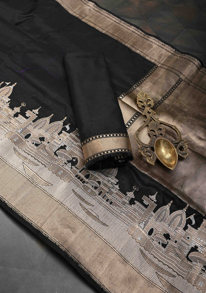 Black Banarasi Katan Silk Saree With Ganga Ghat Temple Zari Border | SILK MARK CERTIFIED