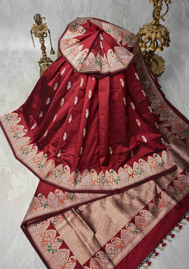Exquisite Maroon Banarasi Katan Silk Saree with Sona Rupa Paisley Buttas and Meenakari Scallop Border | SILK MARK CERTIFIED