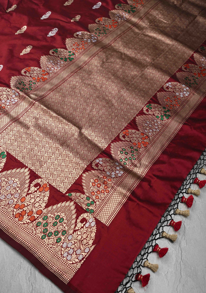 Exquisite Maroon Banarasi Katan Silk Saree with Sona Rupa Paisley Buttas and Meenakari Scallop Border | SILK MARK CERTIFIED