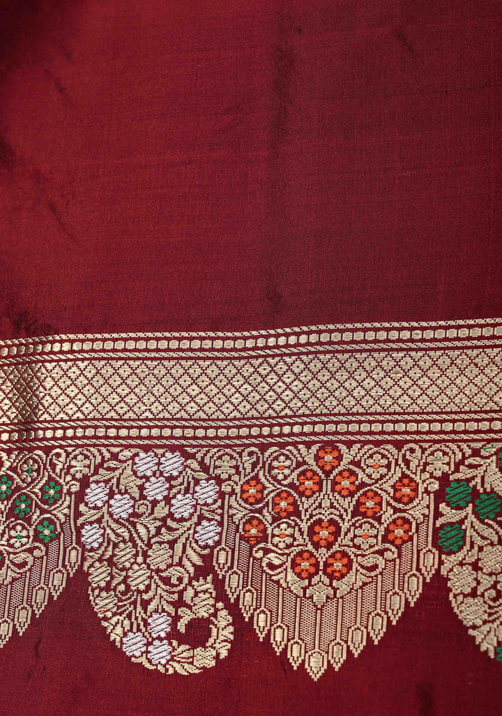 Exquisite Maroon Banarasi Katan Silk Saree with Sona Rupa Paisley Buttas and Meenakari Scallop Border | SILK MARK CERTIFIED