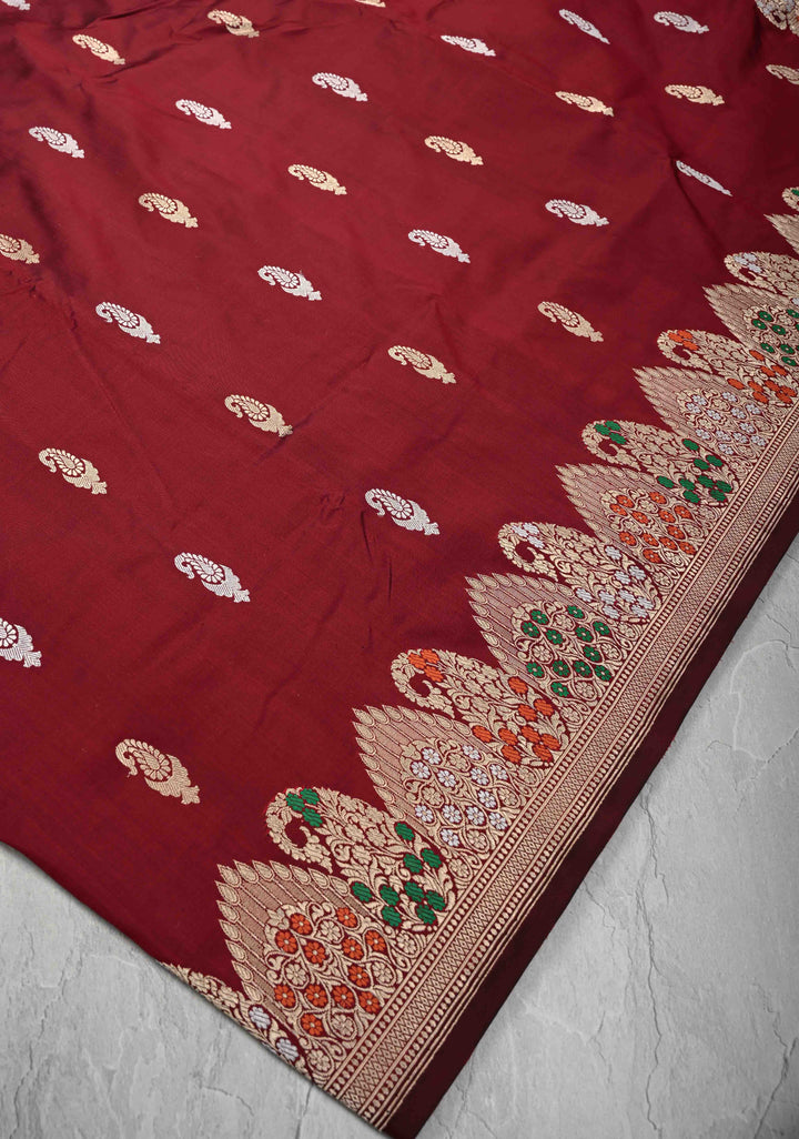 Exquisite Maroon Banarasi Katan Silk Saree with Sona Rupa Paisley Buttas and Meenakari Scallop Border | SILK MARK CERTIFIED