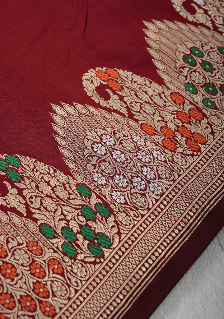 Exquisite Maroon Banarasi Katan Silk Saree with Sona Rupa Paisley Buttas and Meenakari Scallop Border | SILK MARK CERTIFIED