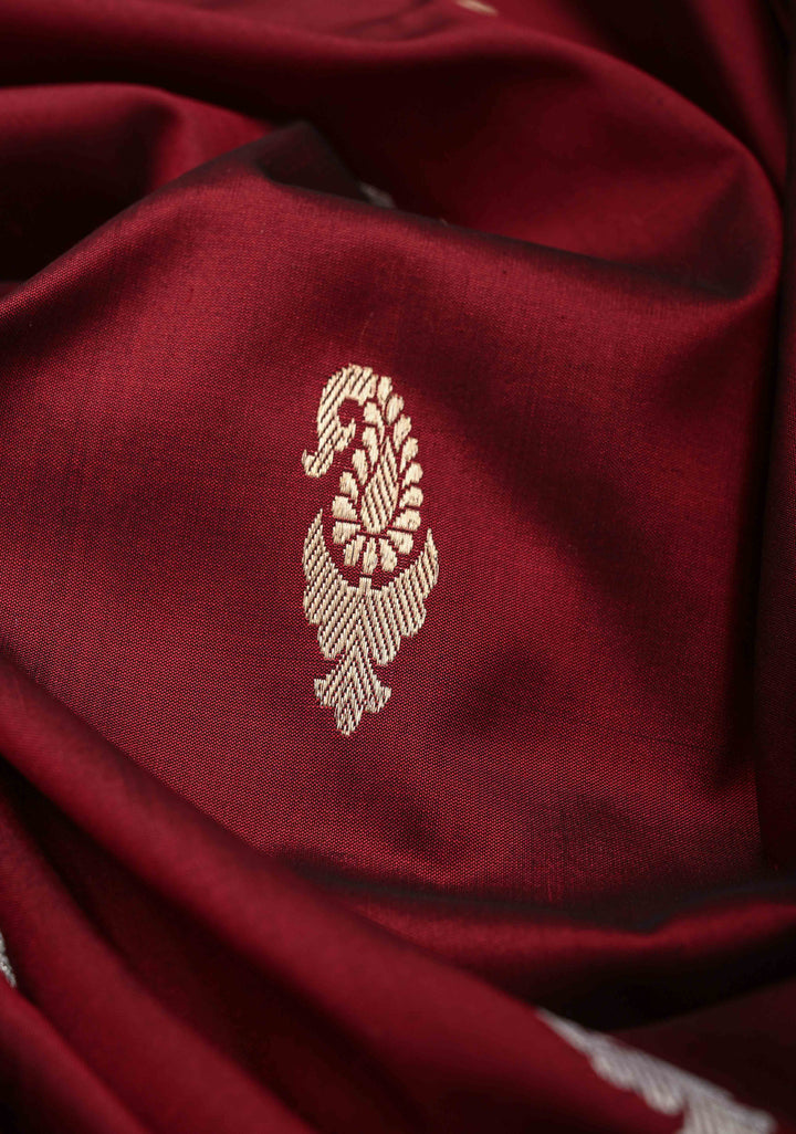 Exquisite Maroon Banarasi Katan Silk Saree with Sona Rupa Paisley Buttas and Meenakari Scallop Border | SILK MARK CERTIFIED