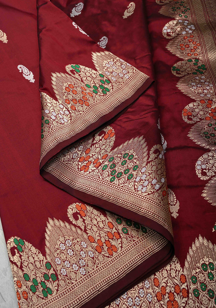 Exquisite Maroon Banarasi Katan Silk Saree with Sona Rupa Paisley Buttas and Meenakari Scallop Border | SILK MARK CERTIFIED