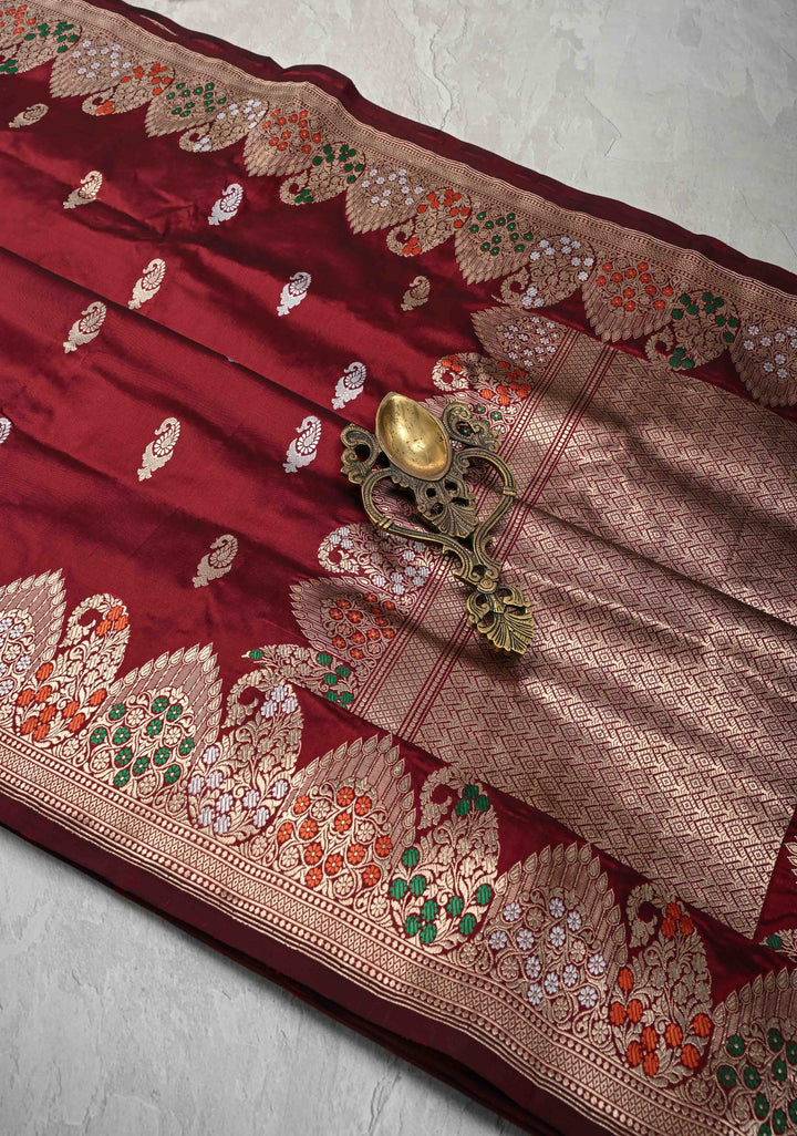 Exquisite Maroon Banarasi Katan Silk Saree with Sona Rupa Paisley Buttas and Meenakari Scallop Border | SILK MARK CERTIFIED