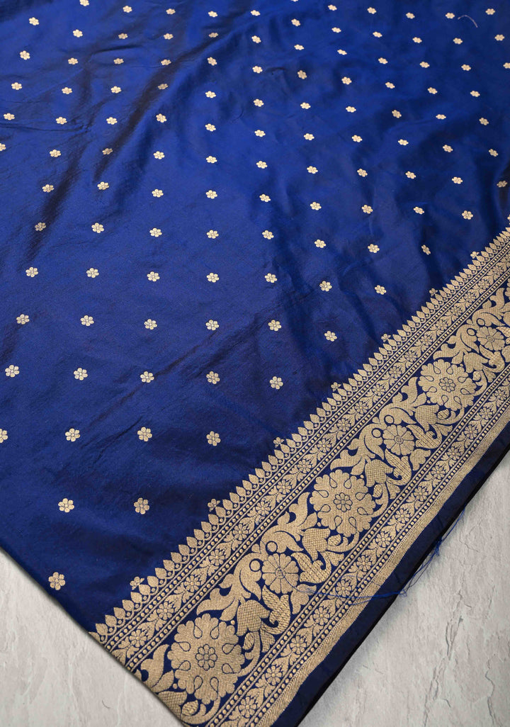 Blue magenta Banarasi Katan Silk Saree in Turquoise with Chunri Buttis and Zari Border | SILK MARK CERTIFIED