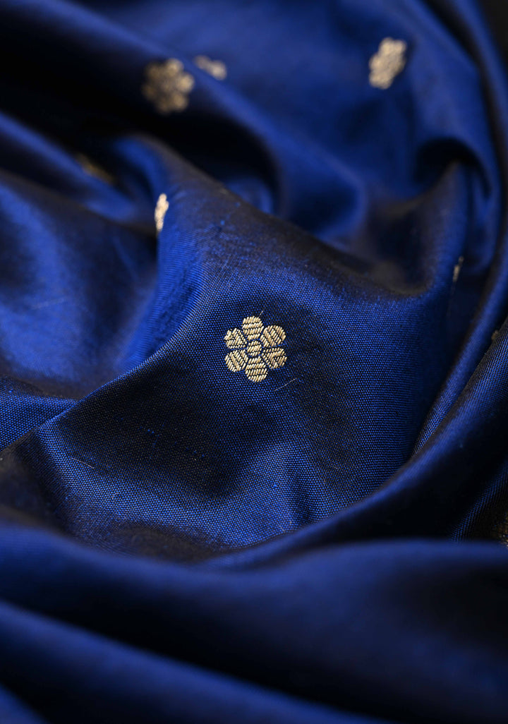 Blue magenta Banarasi Katan Silk Saree in Turquoise with Chunri Buttis and Zari Border | SILK MARK CERTIFIED