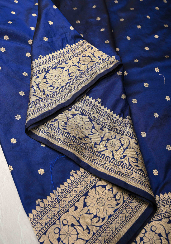 Blue magenta Banarasi Katan Silk Saree in Turquoise with Chunri Buttis and Zari Border | SILK MARK CERTIFIED