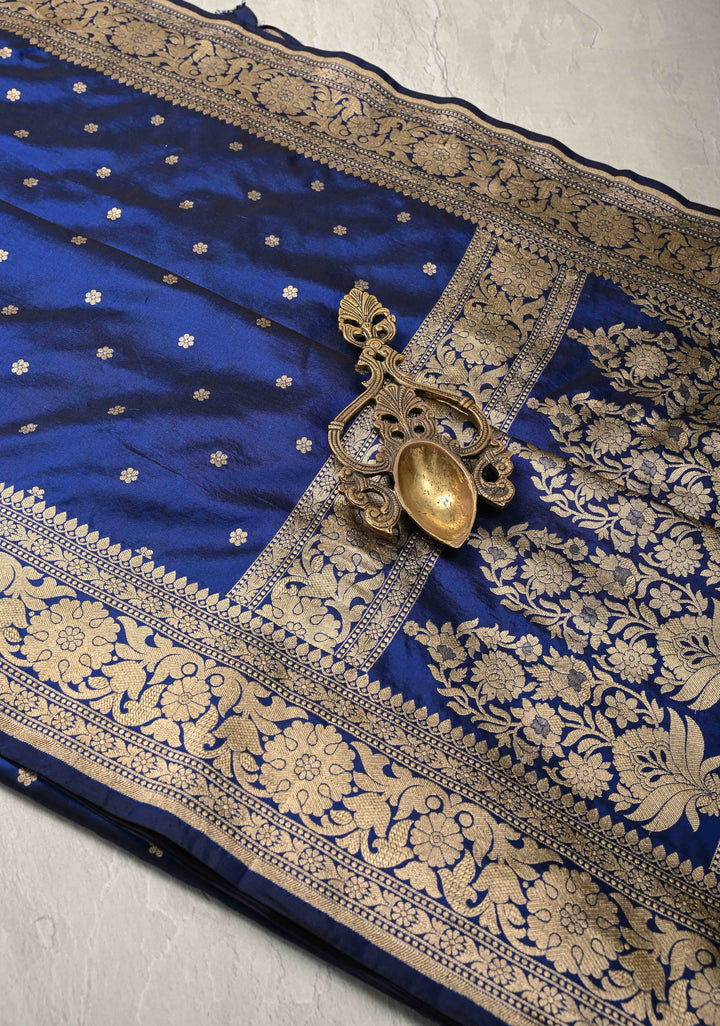 Blue magenta Banarasi Katan Silk Saree in Turquoise with Chunri Buttis and Zari Border | SILK MARK CERTIFIED