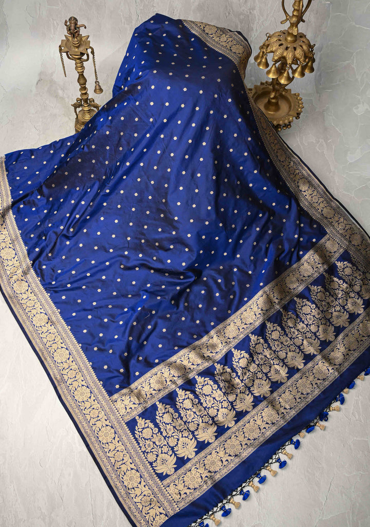 Blue magenta Banarasi Katan Silk Saree in Turquoise with Chunri Buttis and Zari Border | SILK MARK CERTIFIED