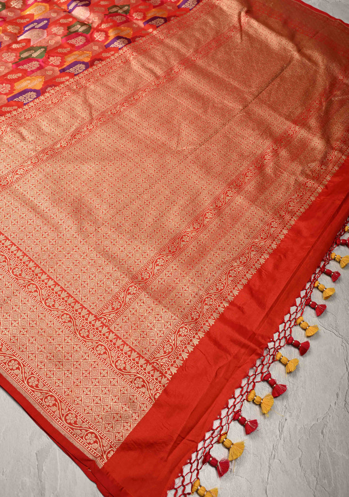 Multicolor Rangkaat Style Banarasi Katan Silk Saree and Geometric Brocade and Zari Border | SILK MARK CERTIFIED