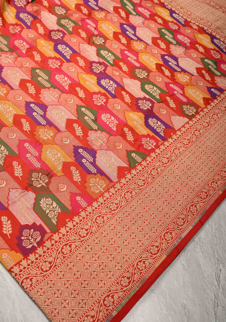 Multicolor Rangkaat Style Banarasi Katan Silk Saree and Geometric Brocade and Zari Border | SILK MARK CERTIFIED