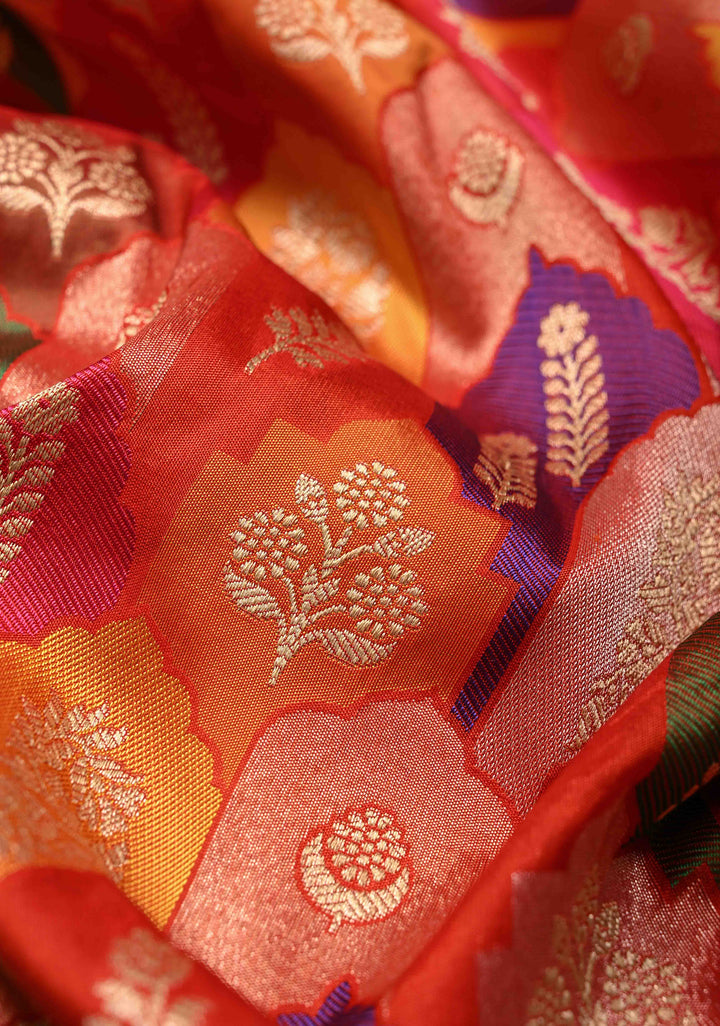 Multicolor Rangkaat Style Banarasi Katan Silk Saree and Geometric Brocade and Zari Border | SILK MARK CERTIFIED