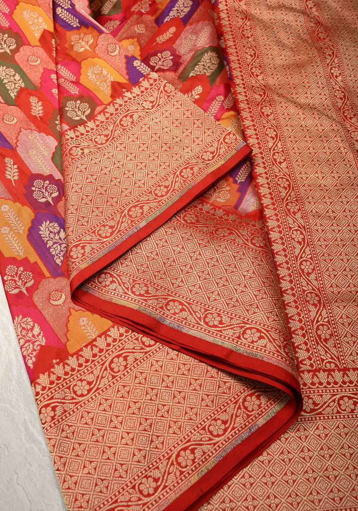 Multicolor Rangkaat Style Banarasi Katan Silk Saree and Geometric Brocade and Zari Border | SILK MARK CERTIFIED